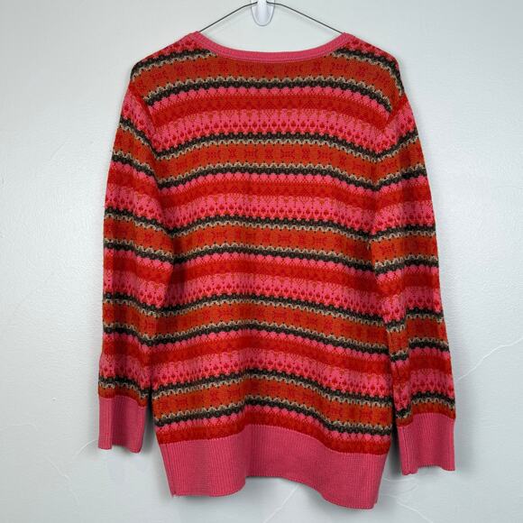 Talbots Merino Wool Sweater L Striped V-Neck Pink Red Brown Cozy Cottagecore - Picture 2 of 5